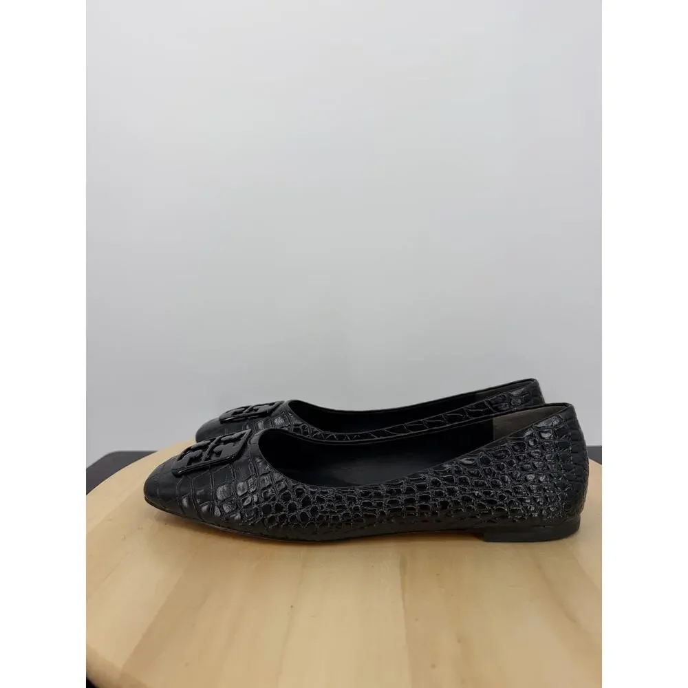 Tory Burch Georgia Ballet Flats 8M Black Croc Embossed Leather Logo Square Toe